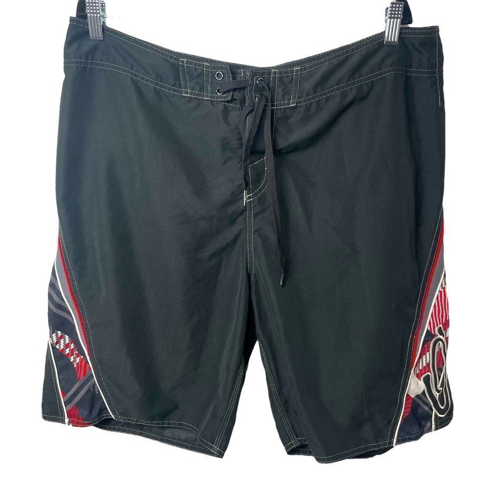 O’Neill Logo Pattern Black Gray Red Swim Trunks Pockets Drawstring size XL